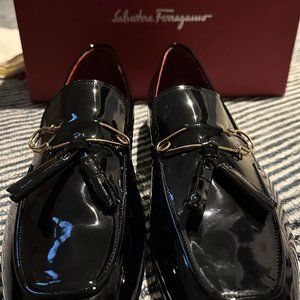 *NEW* Salvatore Ferragamo Giuseppe Nero Calf Rouge Patent Black Men'S Shoes 10